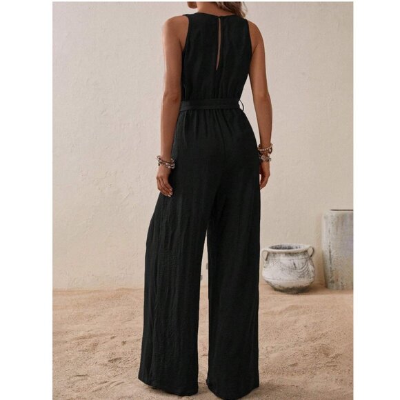 V neck jumpsuit boho black sleeveless tank tie waist belt
